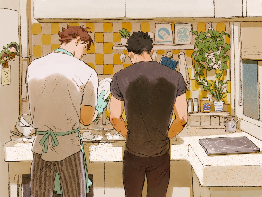 2boys apron bowl brown_hair brown_pants cabinet chengongzi123 chinese_commentary closed_mouth commentary_request counter cowboy_shot gloves haikyuu!! hand_up highres holding holding_plate indoors iwaizumi_hajime kitchen looking_at_object male_focus multiple_boys oikawa_tooru_(haikyuu!!) pants plant plate potted_plant refrigerator salt_shaker shelf shirt short_hair short_sleeves sink smile soap_bubbles spoon standing striped_clothes striped_pants t-shirt towel very_short_hair white_shirt window