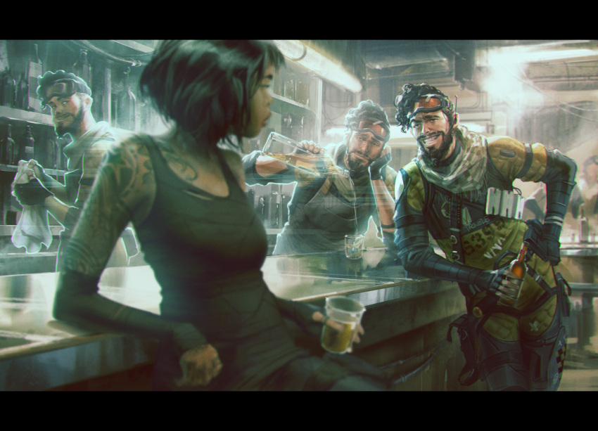 1girl 3boys apex_legends bar_(place) beard black_eyes black_gloves black_hair black_tank_top bodysuit cup detached_sleeves elbow_gloves english_commentary facial_hair fingerless_gloves gloves goggles goggles_on_head hair_behind_ear hand_on_own_hip hethe_srodawa holding holding_cup indoors leaning_to_the_side letterboxed looking_at_another making-of_available mirage_(apex_legends) multiple_boys official_art parted_lips short_hair sleeves_past_wrists smile tank_top tattoo_sleeve yellow_bodysuit