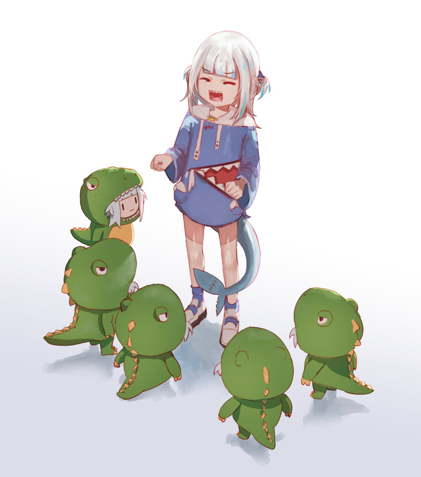 6+girls :3 absurdres advarcher animal_hood blue_footwear blue_hair blue_hoodie blunt_bangs closed_eyes closed_mouth commentary curled_fingers dinosaur_costume drawstring english_commentary fins fish_tail full_body gawr_gura gawr_gura_(1st_costume) hair_ornament highres hololive hololive_english hood hood_down hood_up hoodie medium_hair multicolored_hair multiple_girls open_mouth shark_girl shark_hair_ornament shark_tail sharp_teeth shoes simple_background smol_gura sneakers solo_focus standing streaked_hair tail teeth two-tone_footwear two-tone_hair two_side_up white_background white_footwear white_hair |_|