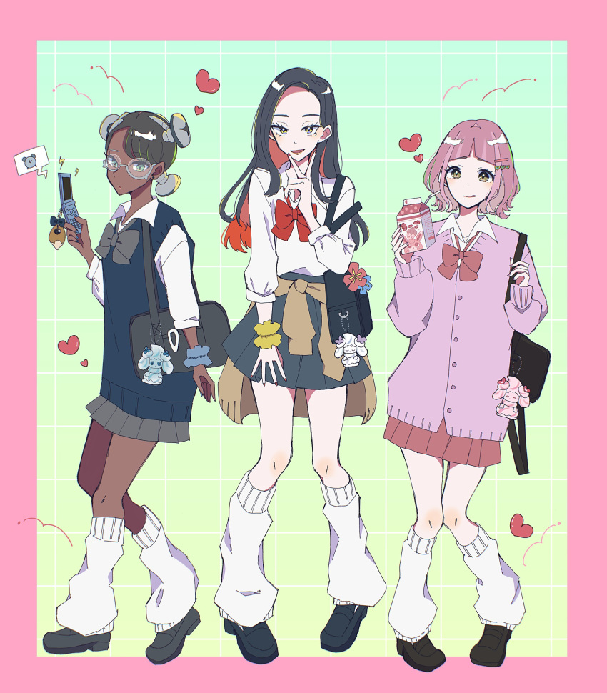 3girls :q absurdres alarm_clock alcremie alternate_hairstyle amarys_(pokemon) arched_bangs black_bag black_footwear black_hair blue_skirt border bow bowtie brown_eyes carmine_(pokemon) clock colored_inner_hair commentary_request dark-skinned_female dark_skin enekonoshippo27 eyelashes full_body glasses gradient_background green_background green_bow green_bowtie green_eyes grey-framed_eyewear grey_skirt hair_ornament hairclip heart highres holding holding_carton holding_phone knees_together_feet_apart lacey_(pokemon) leg_warmers lightning_bolt_symbol looking_at_viewer milk_carton multicolored_hair multiple_girls outside_border phone pink_border pleated_skirt pokemon pokemon_sv red_skirt redhead short_hair simple_background skirt standing tongue tongue_out two-tone_hair v wigglytuff