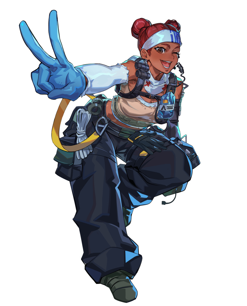 1girl absurdres animification apex_legends black_pants black_tank_top blue_gloves blush dark-skinned_female dark_skin detached_sleeves double_bun earpiece foreshortening gloves hair_behind_ear hair_bun headband highres leaning_forward lifeline_(apex_legends) mask mask_around_neck mato-c open_mouth pants redhead simple_background smile solo standing standing_on_one_leg tank_top v white_background white_headband