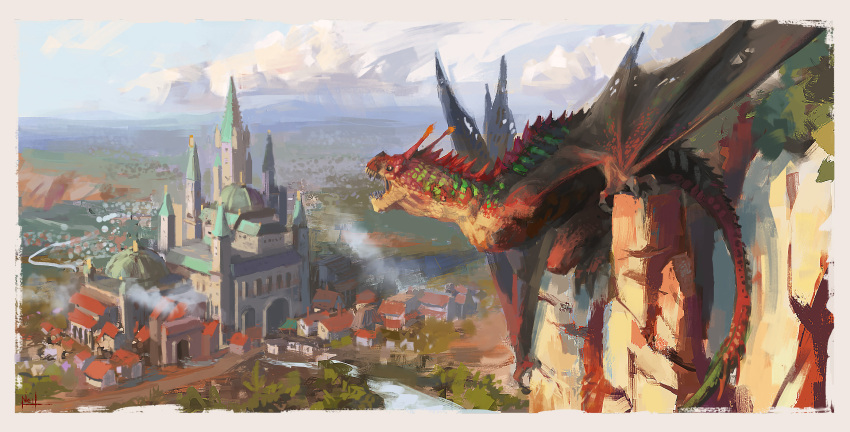 animal_focus blue_sky border castle city cityscape claws clouds commentary day dragon english_commentary fantasy from_above highres monster neilvk open_mouth original outdoors painterly rock scenery sharp_teeth sky solo tail teeth western_dragon white_border wings wyvern