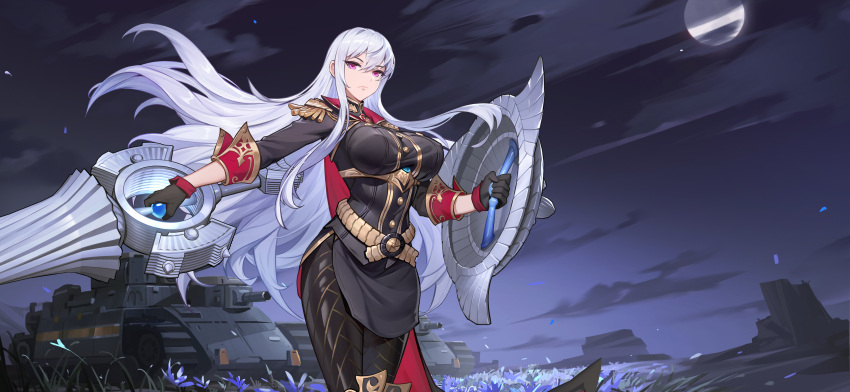 1girl absurdres black_gloves breasts epaulettes flower gloves highres holding holding_polearm holding_shield holding_weapon kuro_j lance large_breasts long_hair military military_uniform military_vehicle moon motor_vehicle night night_sky pale_skin petals polearm selvaria_bles senjou_no_valkyria_(series) senjou_no_valkyria_1 shield sky solo standing tank uniform violet_eyes weapon white_hair