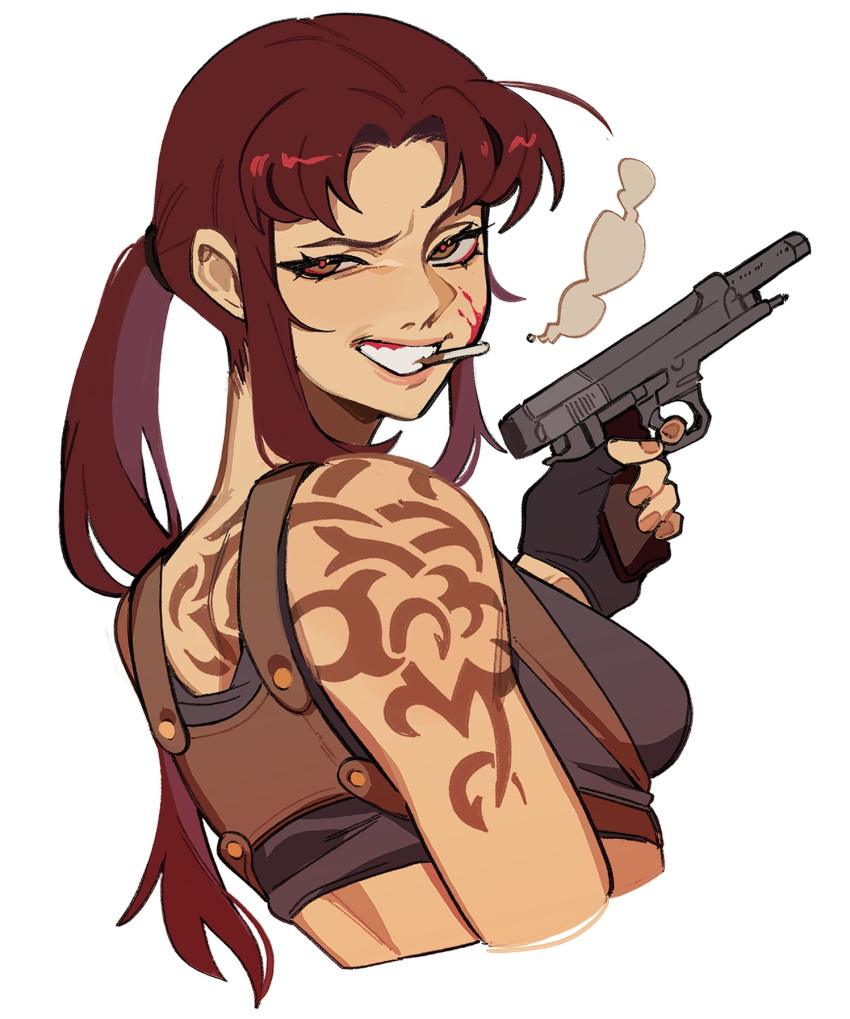 1girl back_tattoo black_lagoon black_sports_bra blood blood_on_face brown_eyes cigarette from_behind from_side frown grin gun handgun highres holding holding_gun holding_weapon long_hair looking_at_viewer looking_back parted_bangs ponytail porqueloin red_pupils redhead revision revy_(black_lagoon) shoulder_tattoo sidelocks simple_background smile smoke_trail smoking solo sports_bra tattoo upper_body weapon white_background