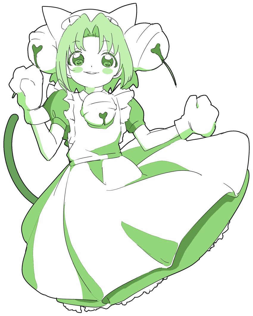 1girl :3 animal_hands animal_hat bell blush_stickers cat_hat cat_tail clothes_lift commentary_request cropped_legs curtained_hair dejiko di_gi_charat dress gloves green_theme grin hair_bell hair_ornament hands_up hat highres jingle_bell looking_at_viewer maid monochrome neck_bell paw_gloves piezo puffy_short_sleeves puffy_sleeves short_hair short_sleeves simple_background skirt skirt_lift smile solo tail tail_raised two_side_up w_arms white_background wind wind_lift