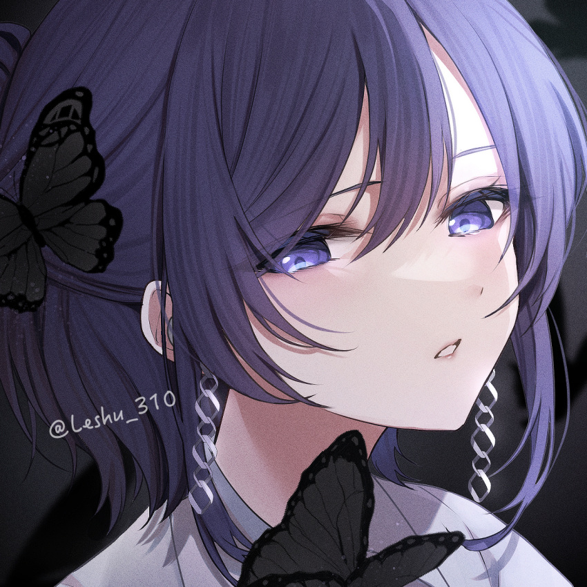 1girl asahina_mafuyu bug butterfly earrings half_updo highres jewelry looking_at_viewer lushuao medium_hair parted_lips portrait project_sekai solo violet_eyes