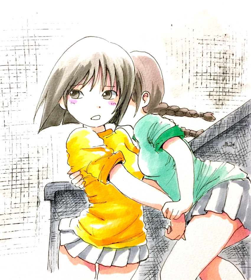 chibi_maruko-chan green_shirt highres honami_tamae implied_kiss marumo_516 sakura_momoko shirt yellow_shirt yuri