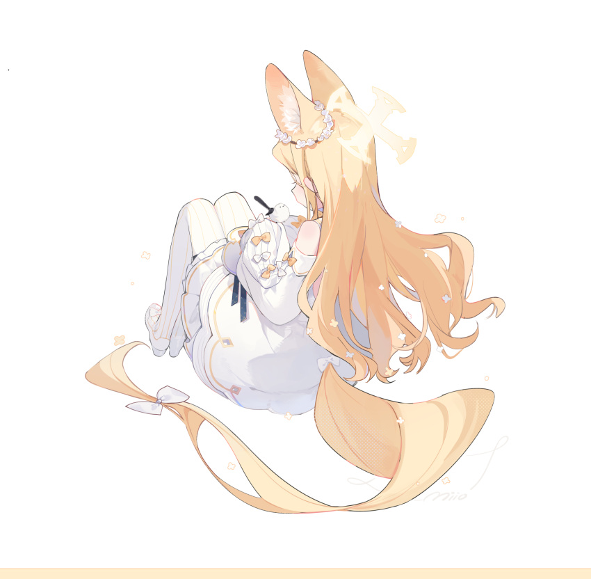 1girl absurdres animal animal_ears arin_(fanfan013) bare_shoulders bird blonde_hair blue_archive commentary detached_sleeves dress extra_ears fox_ears fox_tail full_body halo highres long_hair pantyhose seia_(blue_archive) shoes solo striped_clothes striped_pantyhose symbol-only_commentary tail vertical-striped_clothes vertical-striped_pantyhose white_bird white_dress white_footwear white_pantyhose white_sleeves yellow_halo