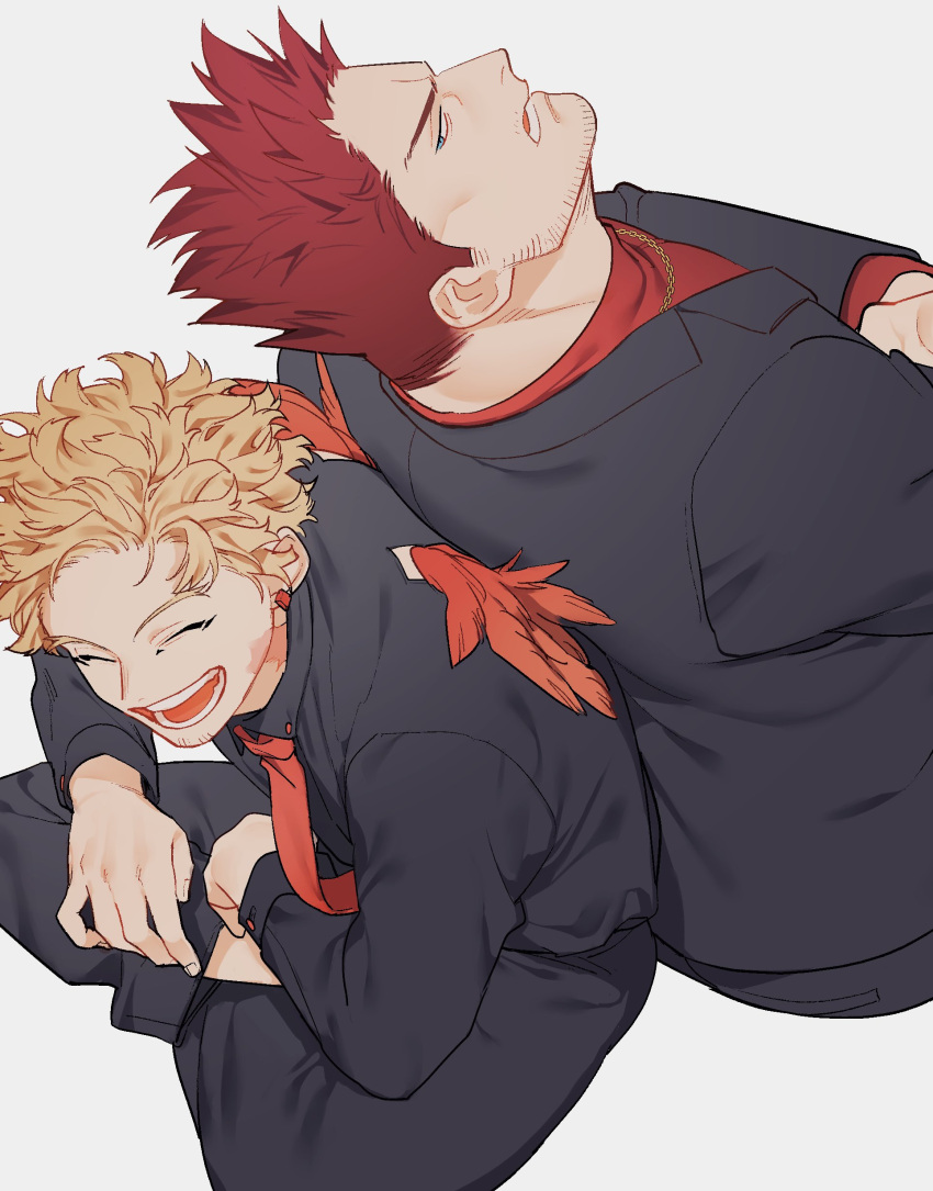 2boys absurdres back-to-back black_jacket black_shirt blonde_hair boku_no_hero_academia commentary earrings endeavor_(boku_no_hero_academia) facial_hair goatee_stubble grey_background happy hawks_(boku_no_hero_academia) highres jacket jewelry long_sleeves male_focus mini_wings multiple_boys necklace necktie open_mouth pon52io red_necktie red_shirt red_wings redhead scar scar_on_neck shirt short_hair sitting sparse_stubble stubble symbol-only_commentary wings