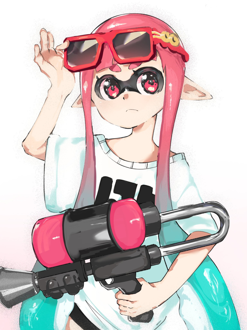 1girl aqua_hair closed_mouth daturawr english_commentary eyelashes eyewear_on_head gradient_hair gun hand_on_headwear highres holding holding_gun holding_weapon inkling inkling_girl inkling_player_character long_hair multicolored_hair octoshot_(splatoon) pointy_ears print_shirt red-framed_eyewear red_eyes redhead shirt simple_background solo splatoon_(series) sunglasses tentacle_hair thick_eyebrows two-tone_hair upper_body very_long_hair weapon white_background white_shirt