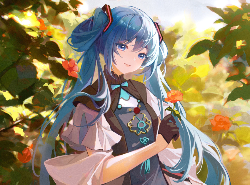 1girl alternate_costume black_gloves blue_dress blue_eyes blue_hair chinese_clothes day dress flower gloves hair_between_eyes half_gloves hatsune_miku head_tilt highres holding holding_flower leaf long_hair looking_at_viewer miku_with_you_(vocaloid) mio4moon orange_flower outdoors plant shawl short_sleeves sidelocks smile solo sunlight twintails upper_body vocaloid white_sleeves