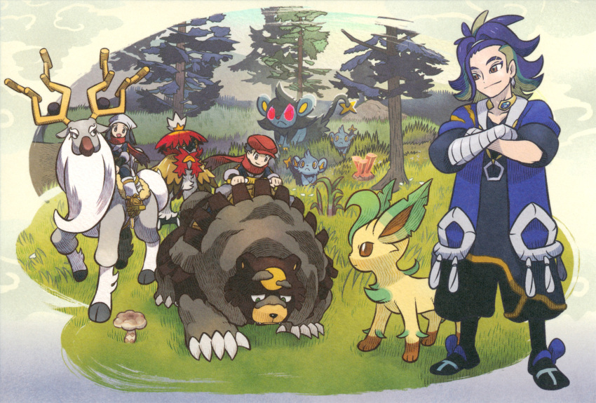 1girl 2boys :d absurdres adaman_(pokemon) akari_(pokemon) antlers ariga_hitoshi bandaged_arm bandages bright_pupils brown_eyes claws closed_mouth commentary_request crossed_arms eyebrow_cut frown highres hisuian_decidueye horns jewelry leafeon luxio multiple_boys mushroom neck_ring official_art on_grass outdoors pokemon pokemon_(creature) pokemon_legends:_arceus red_eyes red_headwear red_scarf rei_(pokemon) riding riding_pokemon scarf shinx smile standing third-party_source tree ursaluna white_headwear white_pupils wyrdeer