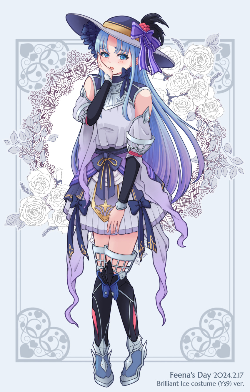 1girl alternate_costume ancient_ys_vanished armor armored_dress blue_background blue_eyes blue_hair blush border bow character_name commentary_request cosplay curtained_hair dated detached_sleeves doll_(ys) doll_(ys)_(cosplay) eyelashes feena_(ys) floral_background full_body gradient_hair hand_on_own_face hat hat_bow hat_feather highres inset_border long_hair multicolored_hair ornate_border pleated_skirt purple_bow purple_hair purple_headwear ruisa skirt solo standing sun_hat thigh-highs two-tone_hair ys ys_ix_monstrum_nox