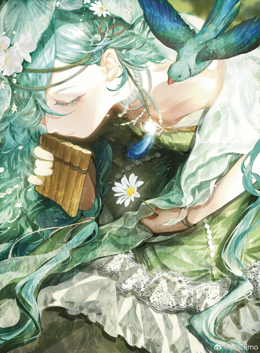 1girl 37_(reverse:1999) absurdres bird closed_mouth daisy dress fangu flower from_above green_bird green_dress green_hair hair_flower hair_ornament hair_over_one_eye highres holding holding_flower holding_instrument instrument jewelry lace-trimmed_dress lace_trim leaning_forward long_hair looking_down necklace official_alternate_costume one_eye_covered pan_flute reverse:1999 solo upper_body weibo_logo weibo_username white_flower