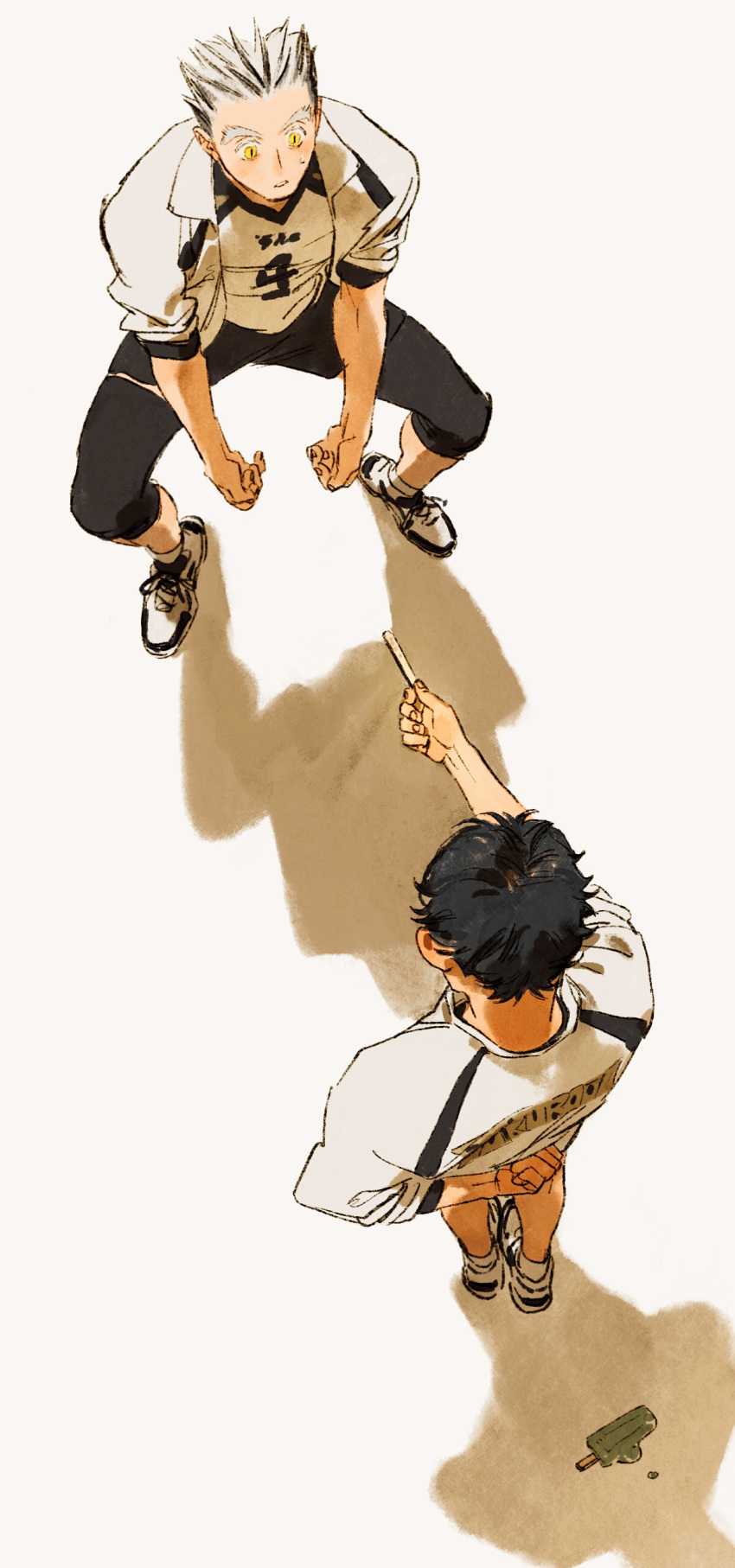 2boys absurdres akaashi_keiji arm_behind_back black_hair black_shorts bokuto_koutarou chengongzi123 collared_jacket english_commentary facing_another food from_above full_body grey_hair haikyuu!! highres holding jacket looking_at_another male_focus multicolored_hair multiple_boys open_mouth outstretched_arms popsicle shadow shoes short_hair shorts simple_background sleeves_pushed_up slit_pupils sneakers sportswear standing streaked_hair thick_eyebrows very_short_hair volleyball_uniform white_footwear yellow_eyes