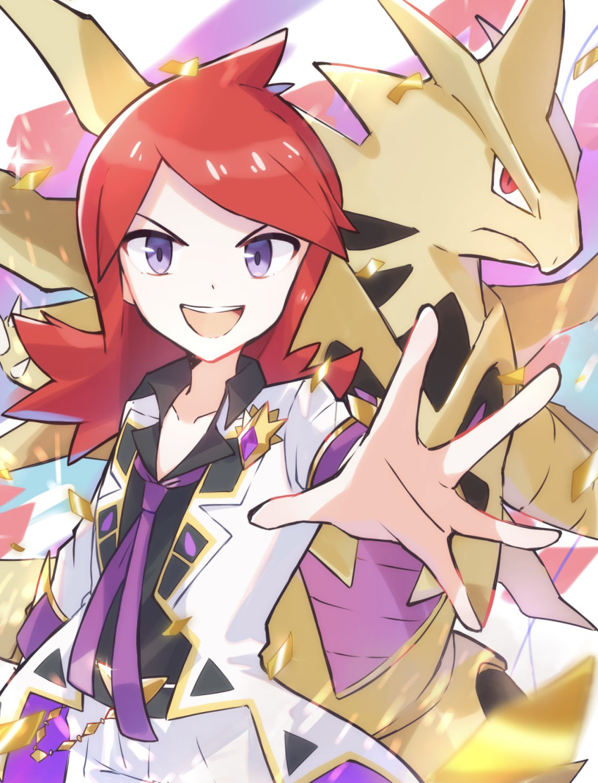 1boy :d aura closed_mouth commentary highres jewelry long_hair looking_at_viewer male_focus mega_tyranitar necktie open_mouth parted_bangs pokemon pokemon_(creature) pokemon_masters_ex purple_necktie reaching reaching_towards_viewer red_eyes redhead sarada_(supersarada_zin) silver_(champion)_(pokemon) silver_(pokemon) smile teeth tyranitar upper_teeth_only v-shaped_eyebrows