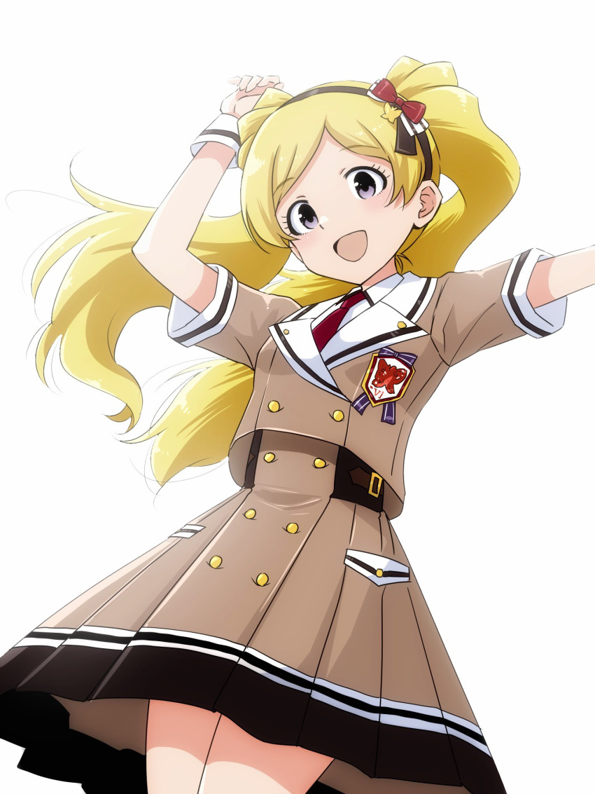 1girl blonde_hair blush brown_shirt brown_skirt buttons collar collared_shirt cowboy_shot dot_nose emily_stewart eyelashes flat_chest fluffy_hair hair_ribbon hairband hands_up highres idolmaster idolmaster_million_live! idolmaster_million_live!_theater_days long_hair matcha_kingyo necktie official_alternate_costume open_mouth parted_bangs pleated_skirt pocket red_necktie ribbon school_uniform shirt short_sleeves skirt smile solo sunlight twintails wrist_cuffs