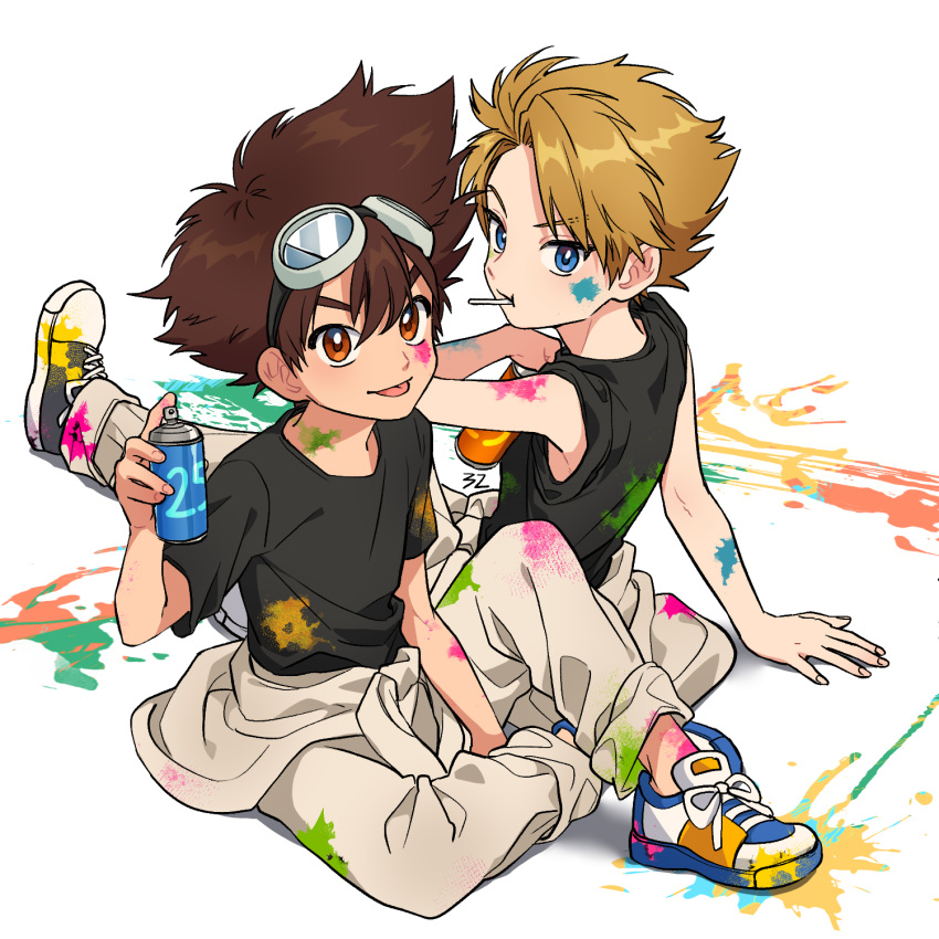 2boys bean32 black_shirt black_tank_top blonde_hair blue_eyes brown_hair converse digimon digimon_adventure fingernails goggles goggles_on_head hair_between_eyes highres ishida_yamato looking_at_viewer male_focus multiple_boys shirt shoelaces shoes sneakers spray_can tank_top tongue tongue_out white_background yagami_taichi