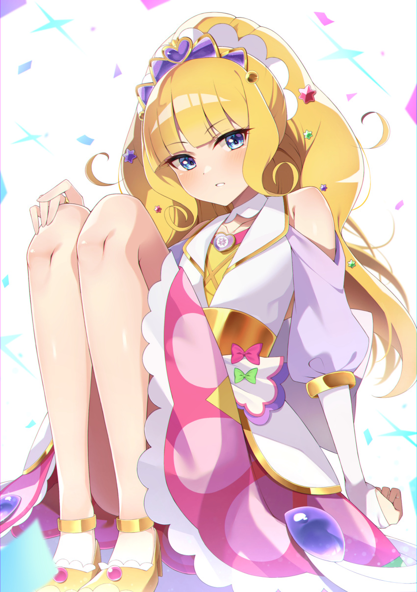 1girl blonde_hair blue_eyes blunt_bangs bridal_gauntlets brooch candy candy_hair_ornament choker clothing_cutout commentary cure_finale delicious_party_precure food food-themed_hair_ornament gloves hair_ornament hand_on_own_knee heart heart_brooch high_heels highres jacket jewelry kasai_amane konpeitou long_hair looking_at_viewer magical_girl medium_skirt meshiya_(naruga-501-kuaru) parted_lips pink_skirt precure purple_headwear short_sleeves shoulder_cutout sitting skirt solo tiara white_choker white_gloves white_jacket wide_ponytail yellow_footwear