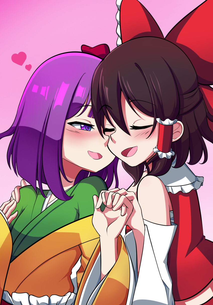 2girls bare_shoulders blush bmkro bow closed_eyes commentary commission detached_sleeves english_commentary gradient_background green_kimono hair_bow hakurei_reimu hieda_no_akyuu highres japanese_clothes kimono multiple_girls open_mouth pink_background purple_hair red_bow red_shirt shirt touhou upper_body violet_eyes yuri