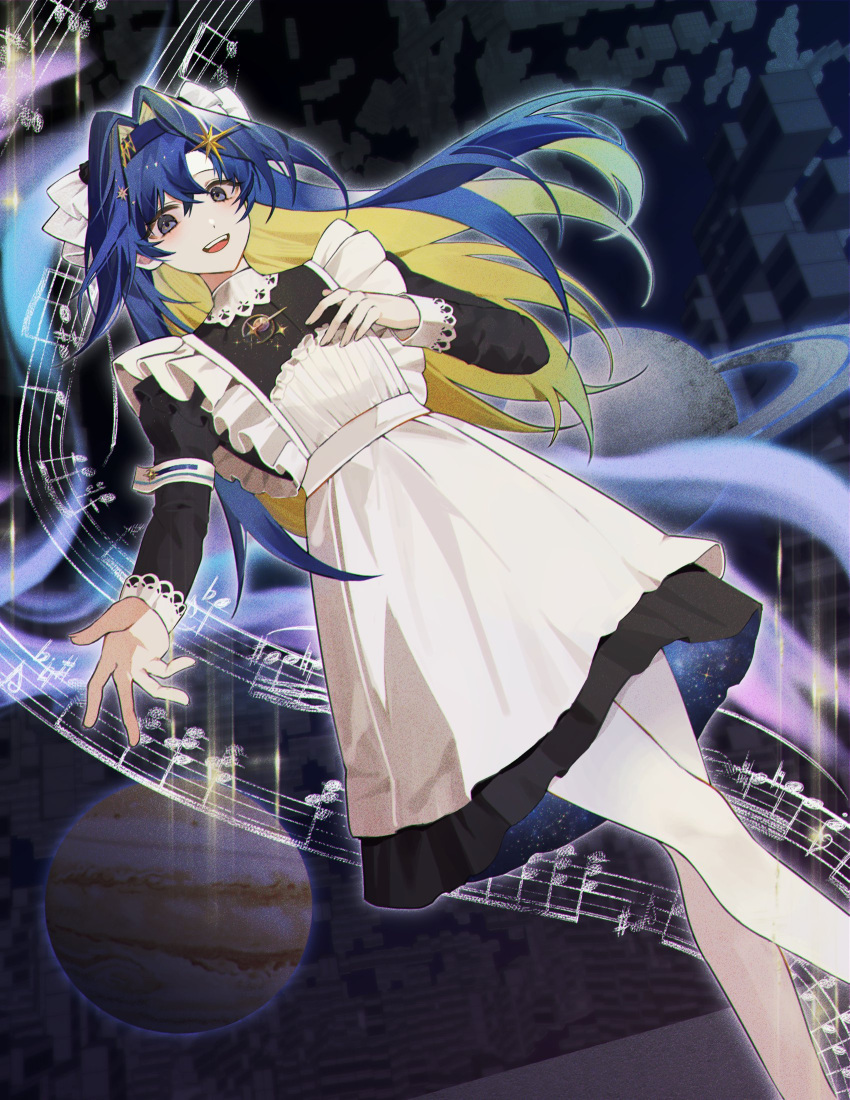 1girl :d apron beamed_eighth_notes black_dress black_hairband blonde_hair blue_background blue_eyes blue_hair colored_inner_hair dress dutch_angle feet_out_of_frame flat_sign floating_hair frilled_apron frills hair_intakes hair_ornament hairband hand_on_own_chest highres juliet_sleeves jupiter_(planet) long_hair long_sleeves looking_at_viewer multicolored_hair musical_note outstretched_hand pantyhose puffy_sleeves reverse:1999 sagipihaeja saturn_(planet) school_uniform sharp_sign short_dress smile solo soviet_school_uniform staff_(music) star_(symbol) star_hair_ornament starry_sky_print teeth upper_teeth_only voyager_(reverse:1999) walking white_apron white_pantyhose