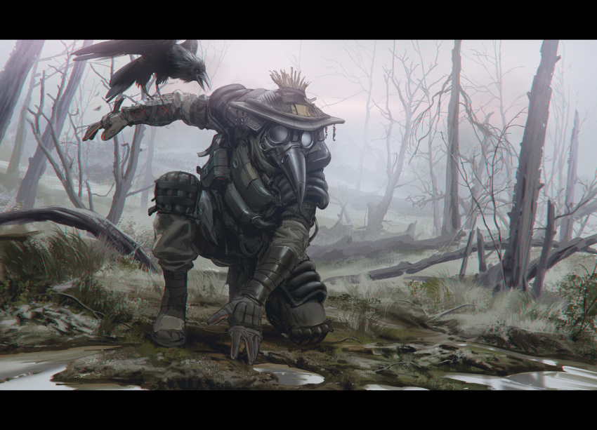 1other ambiguous_gender animal_on_arm apex_legends bare_tree bird bird_on_arm black_footwear black_gloves bloodhound_(apex_legends) boots brown_pants crow english_commentary gloves goggles helmet hethe_srodawa knee_pads letterboxed mud official_alternate_costume official_art on_one_knee open_hand other_focus pants plague_doctor_mask the_plague_doctor_bloodhound tree water