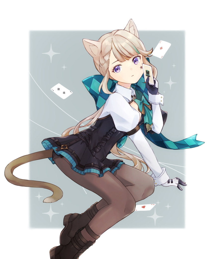 1girl absurdres ace_(playing_card) ace_of_diamonds ace_of_hearts animal_ears black_footwear black_gloves black_leotard boots border bow brown_pantyhose card cat_ears cat_girl cat_tail closed_mouth diamond_(shape) expressionless facial_mark foot_out_of_frame genshin_impact gloves green_bow hair_bow hand_up heart highres holding holding_card iroha_(mimi0618xx) juliet_sleeves leotard light_brown_hair long_sleeves looking_at_viewer lynette_(genshin_impact) multicolored_hair outside_border pantyhose playing_card puffy_sleeves solo star_(sky) star_(symbol) star_facial_mark streaked_hair swept_bangs tail two-tone_gloves two_of_clubs violet_eyes white_border white_gloves
