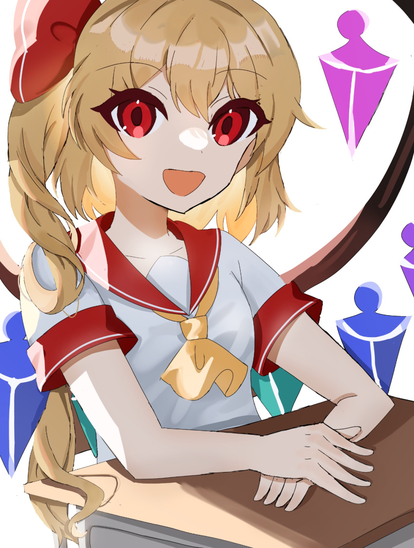 1girl ascot blonde_hair crystal_wings dress flandre_scarlet hair_ribbon highres long_hair medium_hair open_mouth red_eyes red_ribbon ribbon short_sleeves side_ponytail simple_background sitting solo table teruteru_(pixiv_98065144) touhou uniform white_background yellow_ascot