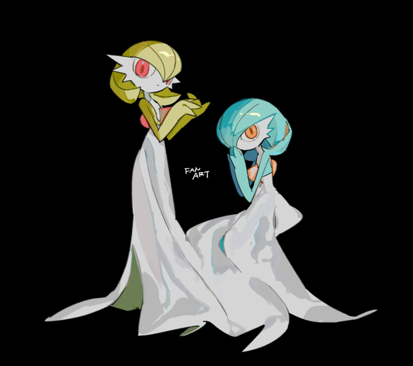 alternate_color apios black_background blue_hair bob_cut colored_skin dress gardevoir green_hair highres looking_at_viewer multicolored_skin orange_eyes own_hands_together pink_eyes pokemon pokemon_(creature) serious shiny_pokemon simple_background sitting two-tone_skin white_dress white_skin