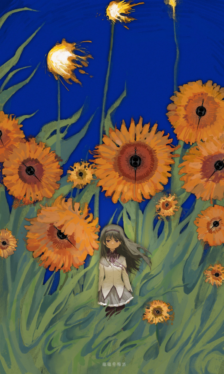 1girl absurdres akemi_homura arms_at_sides black_hair blue_background brown_pantyhose burning capelet chinese_commentary chinese_text commentary_request expressionless feet_out_of_frame floating_hair flower grass grey_skirt grief_seed hairband highres jacket long_hair long_sleeves looking_at_viewer mahou_shoujo_madoka_magica mahou_shoujo_madoka_magica_(anime) neck_ribbon outdoors oversized_flower pantyhose purple_capelet purple_hairband ribbon skirt solo standing straight-on suisui_qingmei_jiu sunflower translation_request violet_eyes white_jacket wide_shot yellow_flower