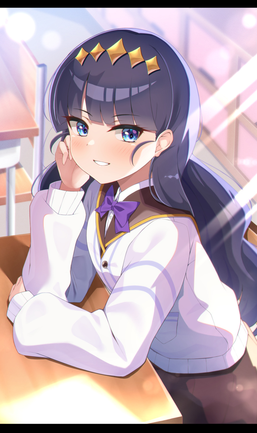 1girl black_hair blue_eyes blunt_bangs bow bowtie brown_dress brown_sailor_collar cardigan chair classroom commentary delicious_party_precure desk dress elbow_rest hair_ornament head_rest highres indoors kasai_amane letterboxed long_hair looking_at_viewer meshiya_(naruga-501-kuaru) open_mouth precure purple_bow purple_bowtie sailor_collar school_chair school_desk school_uniform serafuku shinsen_middle_school_uniform sitting smile solo sunlight white_cardigan