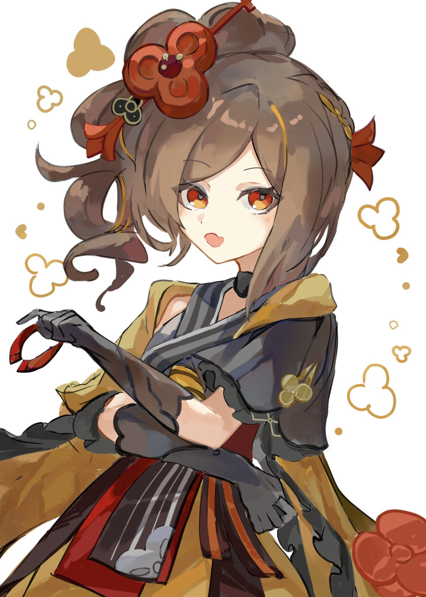 1girl :d akizuwa black_gloves brown_hair chiori_(genshin_impact) cowboy_shot detached_sleeves dot_nose drill_hair drill_ponytail elbow_gloves fang from_side genshin_impact gloves grey_kimono hair_ornament hair_stick highres japanese_clothes kimono long_hair long_sleeves looking_at_viewer obi open_mouth red_eyes sash side_ponytail sidelocks simple_background skin_fang skirt smile solo swept_bangs white_background yellow_skirt yellow_sleeves