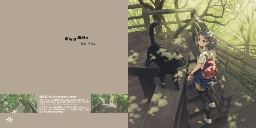 1girl animal animal_hands backpack bag black_cat black_eyes black_hair black_thighhighs blue_skirt cat chinese_text dappled_sunlight day forest fuuka_(fukasheu) hair_ornament highres looking_at_viewer looking_back nature non-web_source original outdoors page_number photo_inset randoseru real_world_location school_uniform scrunchie shirt shoes short_hair short_sleeves skirt smile solo stairs standing sunlight thigh-highs tree tree_shade white_footwear white_shirt wooden_stairs wrist_scrunchie