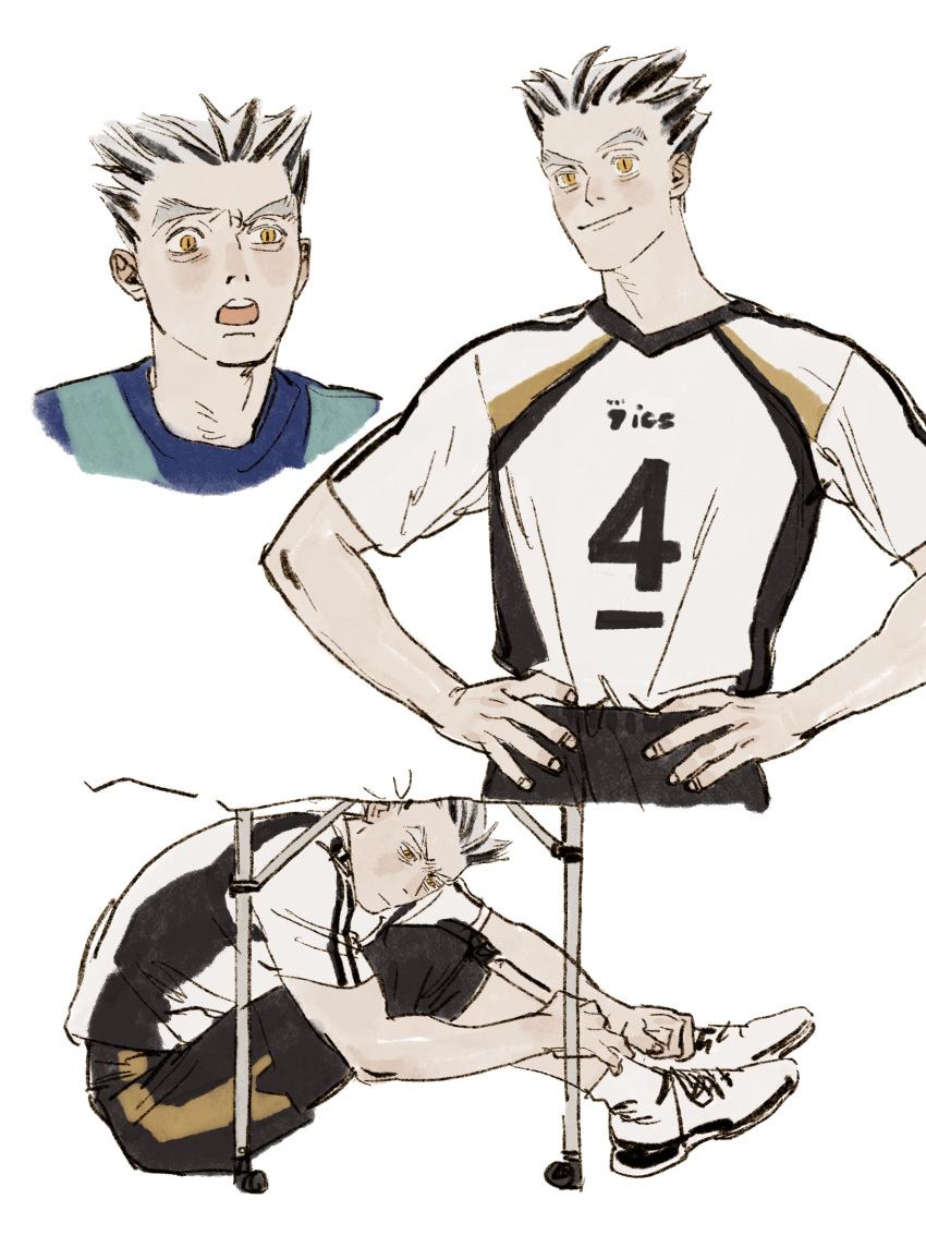 1boy black_hair black_shorts bokuto_koutarou chengongzi123 chinese_commentary closed_mouth commentary_request cropped_legs full_body grey_hair haikyuu!! hands_on_own_hips highres male_focus multicolored_hair multiple_views open_mouth portrait shirt short_sleeves shorts simple_background sitting slit_pupils smile sportswear streaked_hair t-shirt table under_table volleyball_uniform white_background white_shirt yellow_eyes