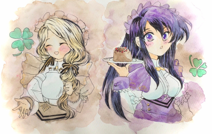 2girls :d :o ^_^ ayra_(fire_emblem) black_hair blonde_hair blush closed_eyes clover commentary_request fire_emblem fire_emblem:_genealogy_of_the_holy_war fire_emblem:_three_houses food four-leaf_clover highres holding holding_plate holding_teapot long_hair looking_at_viewer maid_headdress mercedes_von_martritz multiple_girls nukunukuhigepen plate smile teapot traditional_media upper_body violet_eyes
