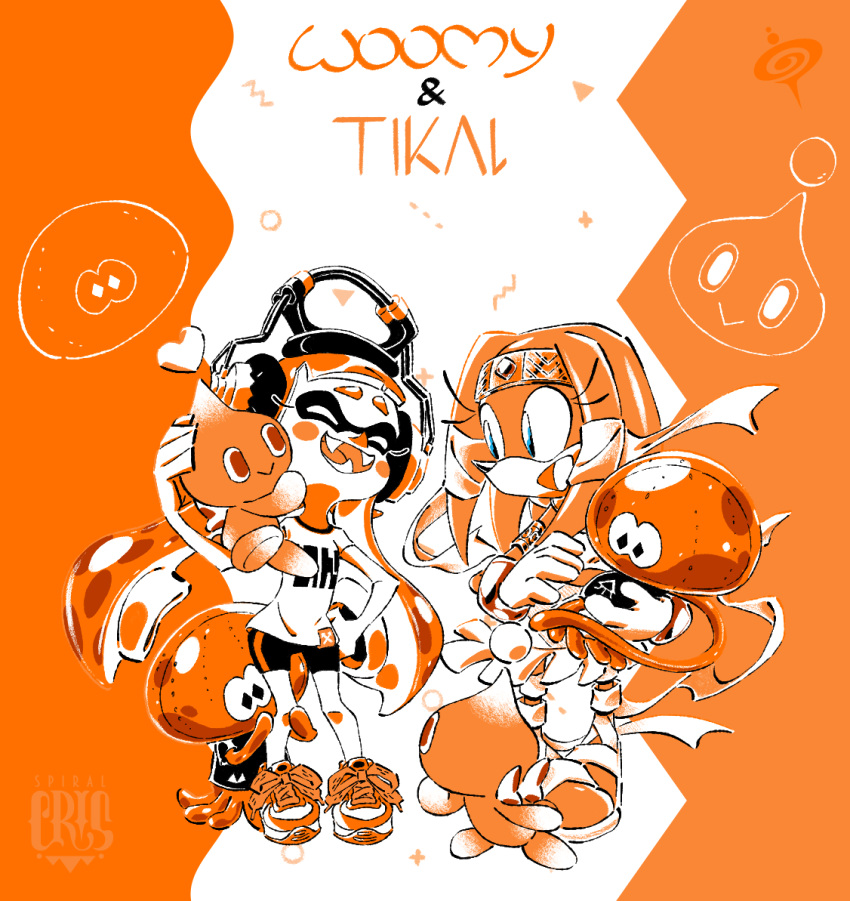 2girls :&gt; bike_shorts blue_eyes chao_(sonic) closed_eyes fangs full_body headphones heart inkling_girl inkling_player_character jellyfish_(splatoon) looking_at_another multiple_girls on_shoulder open_mouth sonic_(series) sonic_adventure spiral_cris splatoon_(series) tentacle_hair tentacles tikal_the_echidna