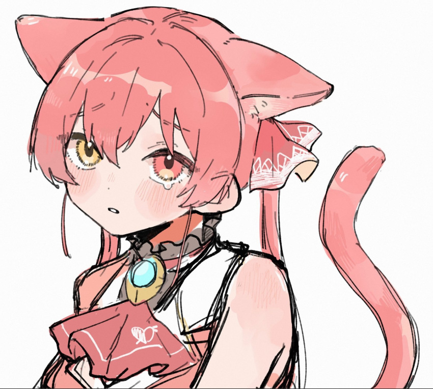 1girl animal_ears ascot blush brooch cat_ears cat_girl cat_tail commentary embarrassed heterochromia highres hololive houshou_marine houshou_marine_(1st_costume) jewelry long_hair looking_at_viewer ohagi_0909 parted_lips red_ascot red_eyes redhead sketch solo tail tearing_up twintails upper_body virtual_youtuber yellow_eyes