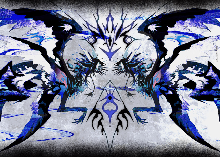 abstract abstract_background absurdres animal_ears black_hair black_wings creature from_side highres kamikiririp no_humans original solo wings
