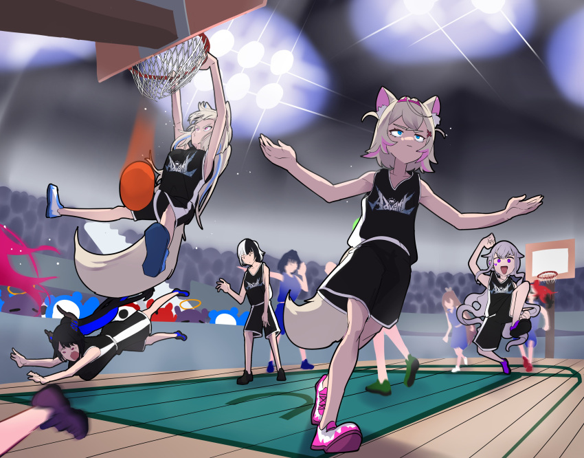 6+girls 6+others absurdres alternate_costume ball basketball_(object) basketball_court basketball_jersey basketball_uniform black_hair blonde_hair blue_hair blurry blurry_background closed_mouth crowd dog_girl fuwawa_abyssgard hakos_baelz highres hololive hololive_english irys_(hololive) jersey koizumi_arata koseki_bijou long_hair meme mococo_abyssgard multiple_girls multiple_others nanashi_mumei national_basketball_association nerissa_ravencroft official_alternate_costume open_mouth ouro_kronii outstretched_arms purple_hair redhead running shiori_novella shoes slam_dunk_(basketball) sneakers sportswear spread_arms wade-lebron_dunk_picture white_hair