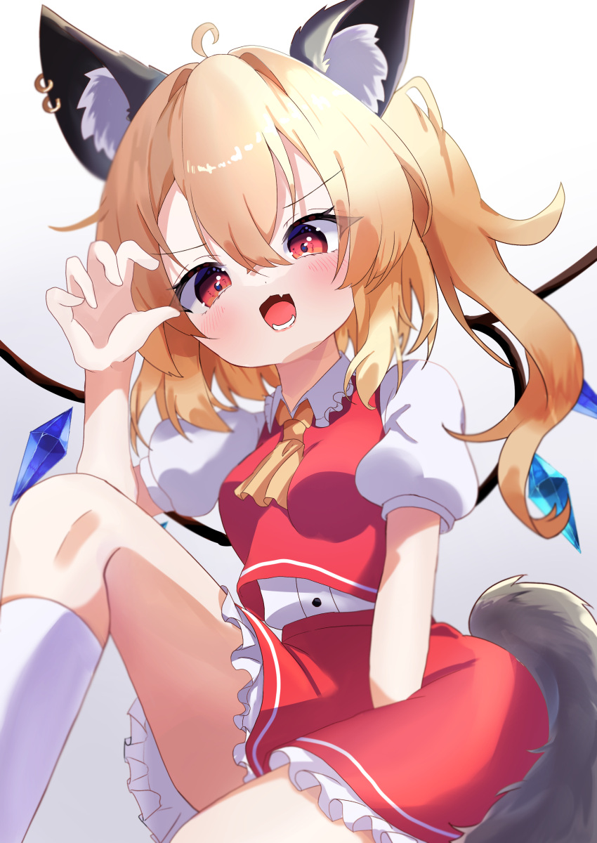 1girl absurdres ahoge animal_ears ascot claw_pose cowboy_shot crystal_wings flandre_scarlet fox_ears fox_girl fox_tail highres iris_(airisu495) open_mouth red_eyes simple_background solo tail touhou white_background yellow_ascot