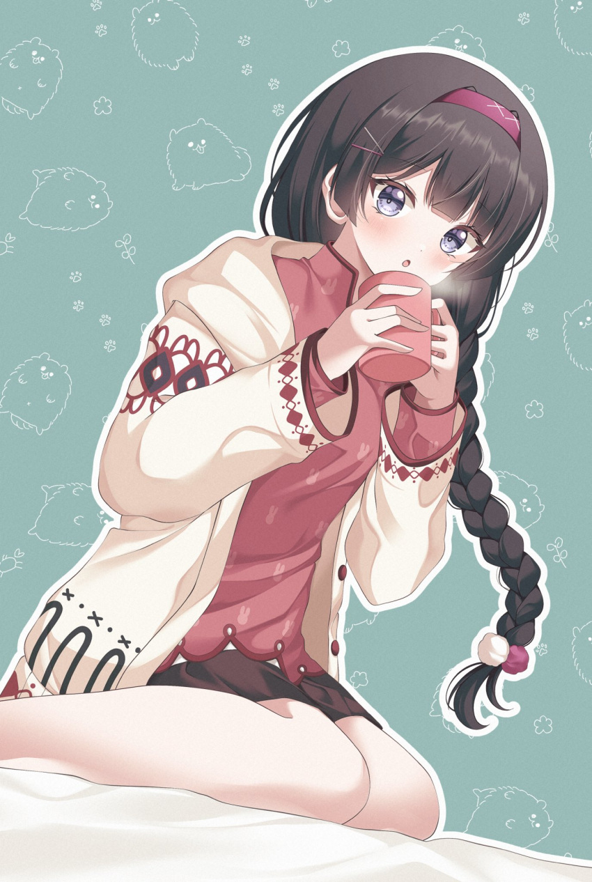 1girl :o animal_print black_skirt blue_eyes blush brown_hair collared_shirt cup dot_nose feet_out_of_frame futaba_nanami green_background hair_intakes hair_ornament hairband hairpin highres holding holding_cup hood hood_down hooded_jacket jacket long_hair long_sleeves looking_at_viewer low-braided_long_hair low-tied_long_hair miniskirt mug nijisanji open_clothes open_jacket open_mouth outline print_shirt rabbit_print red_hairband red_shirt shirt sidelocks simple_background sitting skirt solo steam tsukino_mito virtual_youtuber wariza white_jacket white_outline