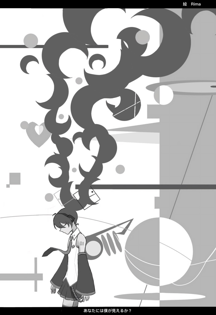 1girl abstract abstract_background bare_shoulders closed_eyes collared_shirt cowboy_shot detached_sleeves floating_hair from_side greyscale hair_ornament hatsune_miku headphones highres letterboxed long_hair long_sleeves lyrics miku_day miniskirt monochrome necktie pleated_skirt profile riima shirt skirt sleeveless sleeveless_shirt solo standing subtitled translated twintails unknown_mother_goose_(vocaloid) very_long_hair vocaloid