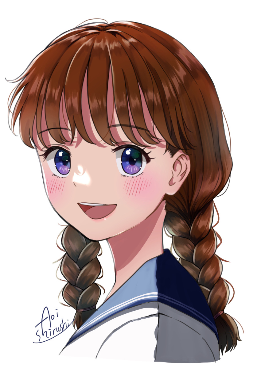 1girl absurdres blush braid brown_hair commentary_request french_braid hair_between_eyes highres konatsu_miki low_twintails original profile sailor_collar school_uniform smile twintails upper_body violet_eyes