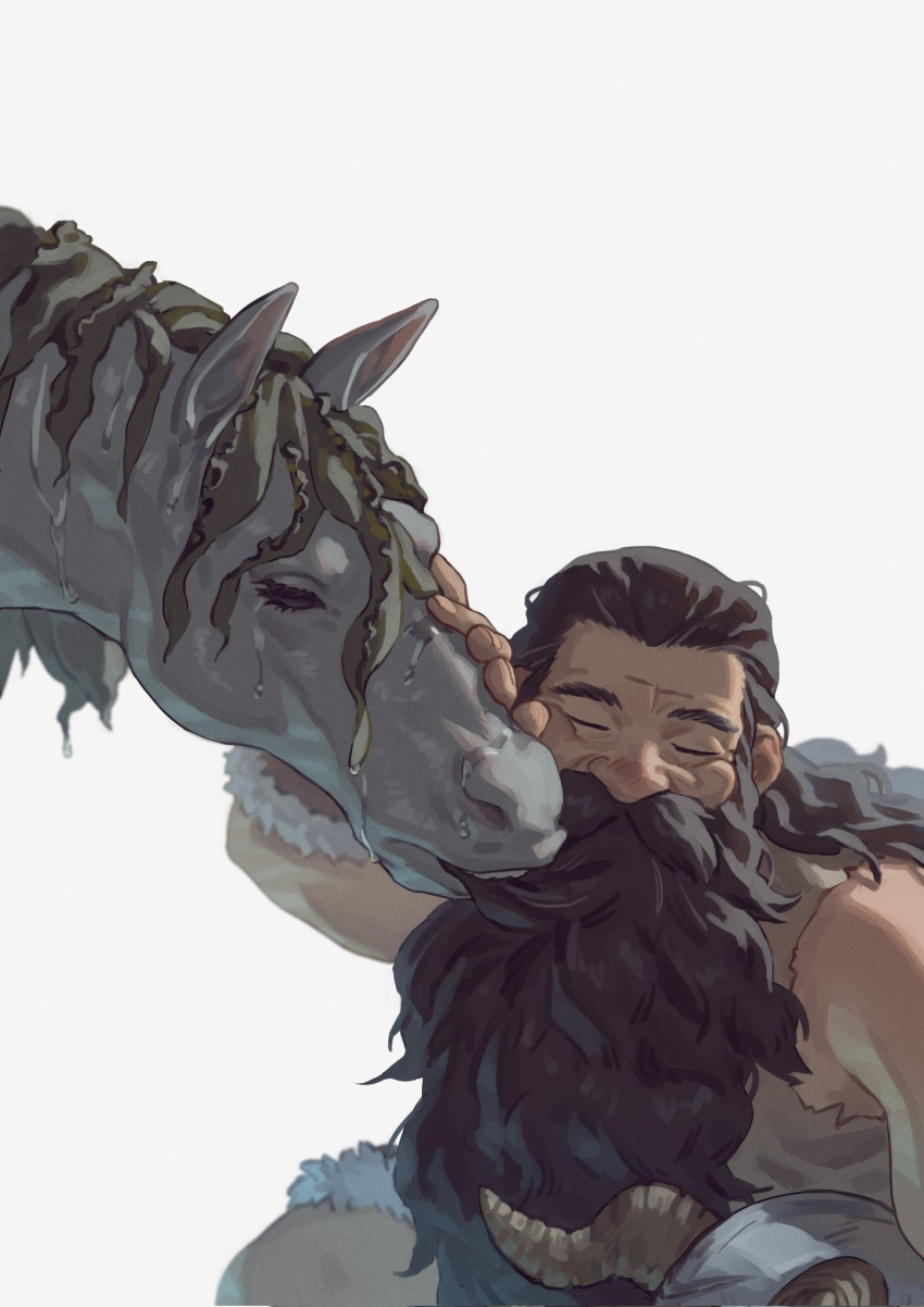 1boy affectionate beard black_hair covered_mouth dungeon_meshi dwarf eating_hair facial_hair facing_viewer fake_horns fur_trim hair_slicked_back happy hashtag_only_commentary helmet highres horned_helmet horns horse long_beard male_focus monster mustache nuzzle petting seaweed senshi_(dungeon_meshi) simple_background sleeveless squatting unworn_headwear unworn_helmet wet white_background youzu_(youzuyozu)