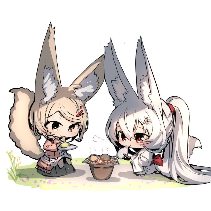 2girls absurdly_long_hair animal_ear_fluff animal_ears barefoot brown_eyes brown_hair chibi commentary_request food fox_ears fox_girl fox_tail hair_between_eyes hair_ornament hairclip highres holding jacket japanese_clothes kimono long_hair long_sleeves mochi multiple_girls obi open_clothes open_jacket original pink_jacket pleated_skirt ponytail red_eyes rock sash sitting skirt squatting swept_bangs tail very_long_hair white_background white_hair white_kimono white_skirt wide_sleeves yuuji_(yukimimi)