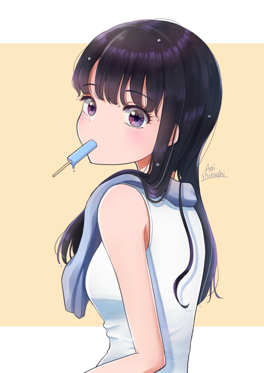1girl absurdres after_bathing bare_arms black_hair blush food from_behind highres inoue_takina konatsu_miki looking_at_viewer looking_back lycoris_recoil medium_hair popsicle solo tank_top upper_body violet_eyes