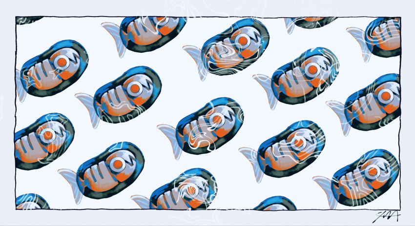 aluy01 border fangs fish fish_skeleton highres jelleton red_eyes signature simple_background skin_fangs splatoon_(series) splatoon_3 splatoon_3:_side_order swarming_languendo tail too_many too_many_fish white_background white_border