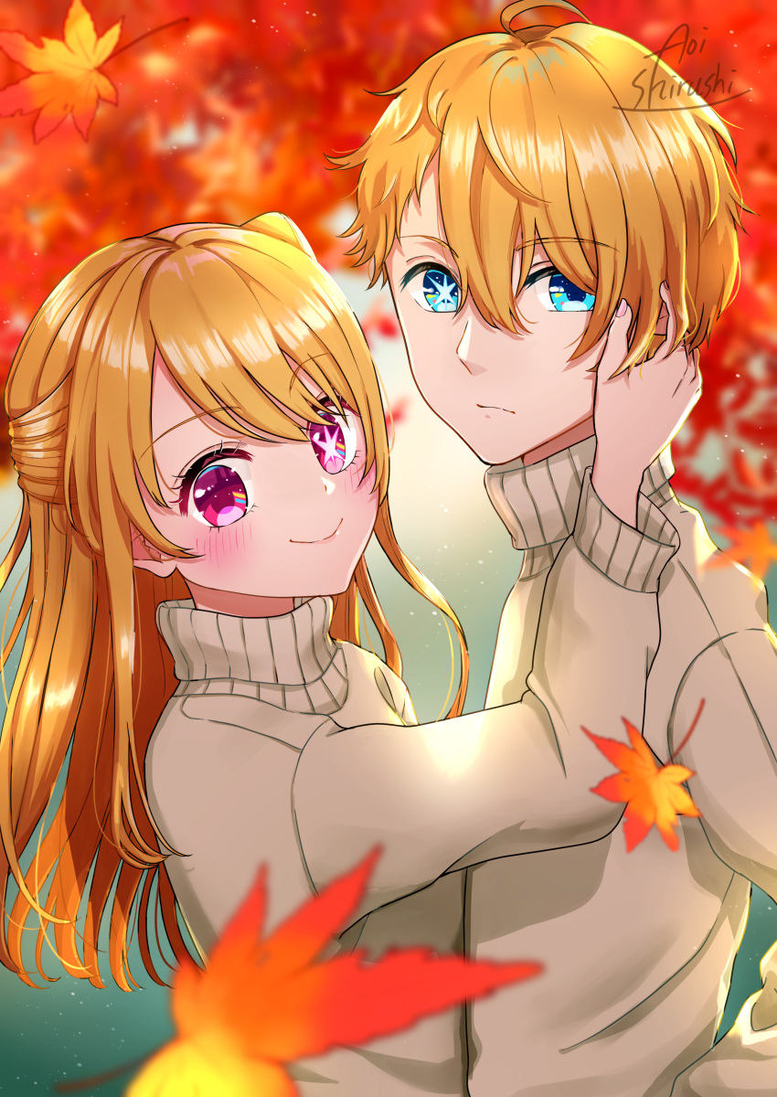 1boy 1girl absurdres autumn_leaves blonde_hair blue_eyes blush commentary_request hand_on_another's_ear highres hoshino_aquamarine hoshino_ruby konatsu_miki leaf long_hair looking_at_viewer maple_leaf oshi_no_ko profile short_hair smile upper_body violet_eyes
