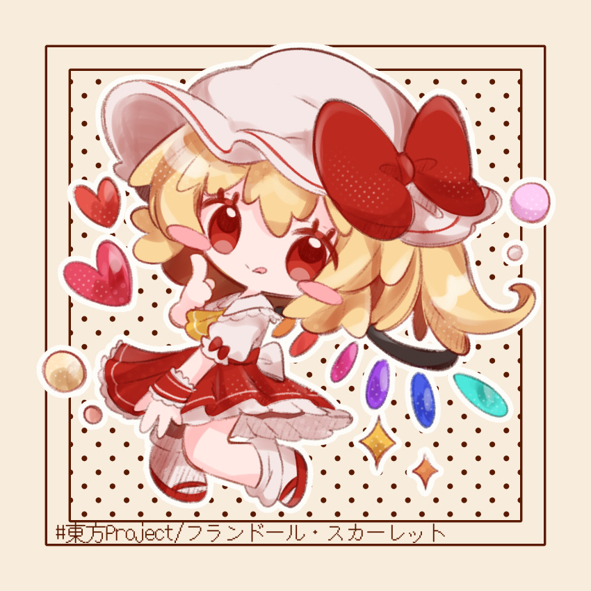 1girl absurdres blonde_hair blush_stickers chibi crystal_wings dress flandre_scarlet full_body hat hat_ribbon heart highres inukkomaru mob_cap red_dress red_eyes red_ribbon ribbon solo tongue tongue_out touhou wrist_cuffs