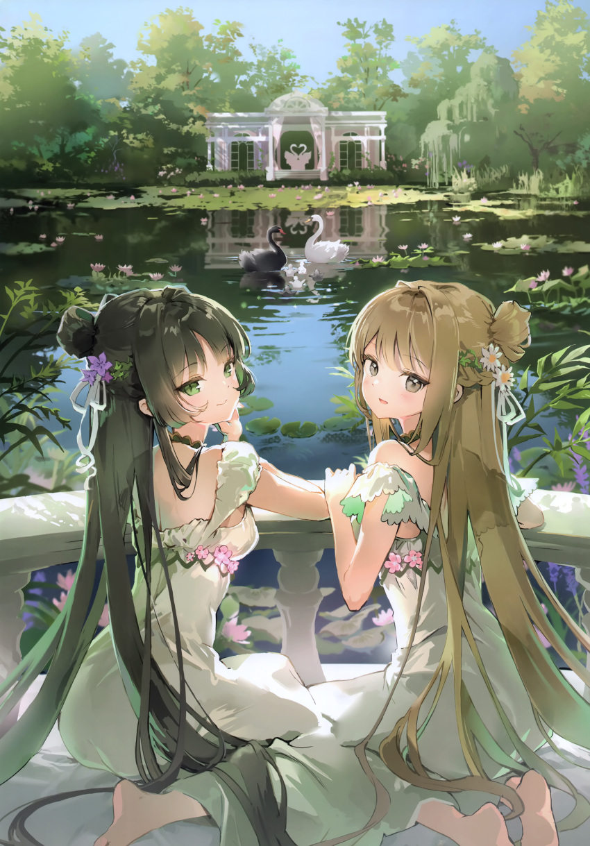 2girls absurdres anmi architecture bare_shoulders barefoot bird black_hair black_swan_(bird) blonde_hair blue_sky blush clear_sky closed_mouth comiket_103 day dress duck fence flower from_behind full_body greco-roman_architecture green_eyes grey_eyes hair_bun hair_flower hair_ornament hair_over_shoulder half_updo highres house leaf long_hair looking_at_viewer looking_back multiple_girls non-web_source off-shoulder_dress off_shoulder open_mouth original outdoors plant pond purple_flower scan sidelocks sitting sky smile swan tree very_long_hair water water_lily_flower white_dress white_flower willow